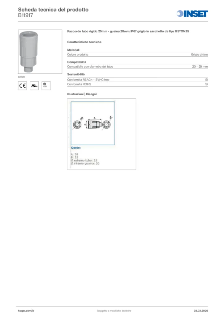 Immagine Inset Scheda tecnica del prodotto B11917 | Hager Italia