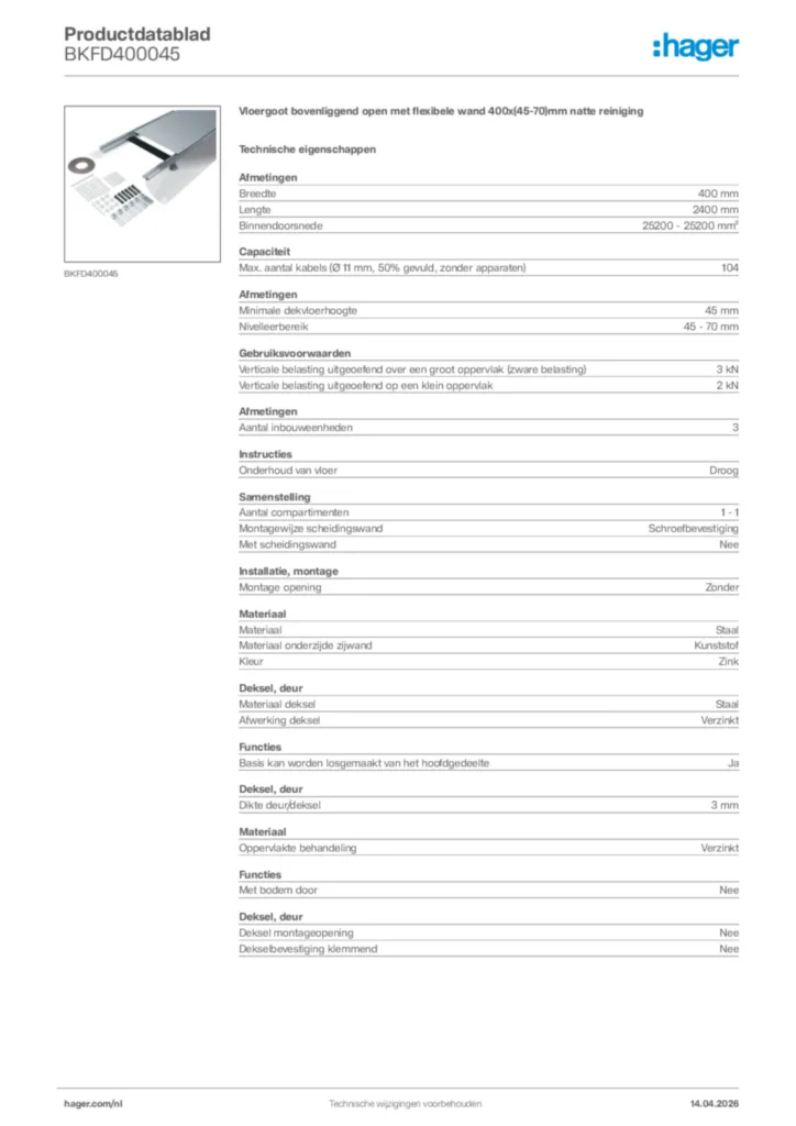 Afbeelding Hager Productdatablad BKFD400045 | Hager Nederland