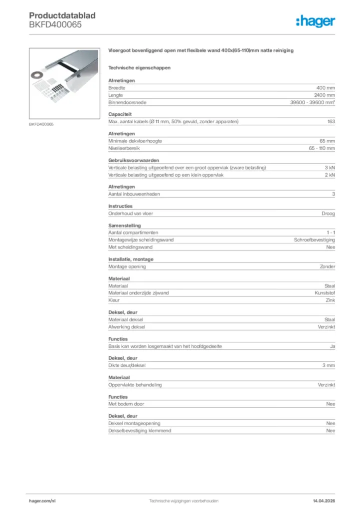 Afbeelding Hager Productdatablad BKFD400065 | Hager Nederland