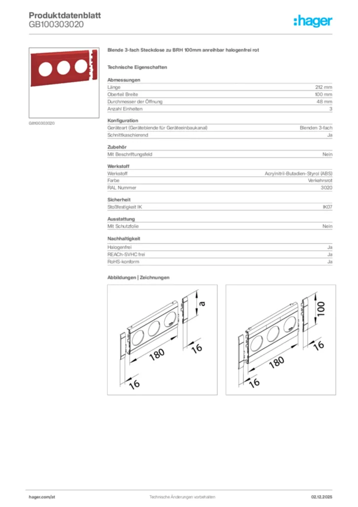 Bild Hager Produktdatenblatt GB100303020 | Hager Deutschland