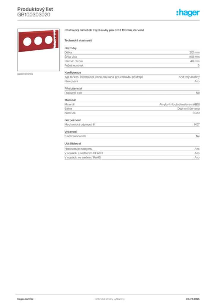 Obrázek Hager Produktový list GB100303020 | Hager
