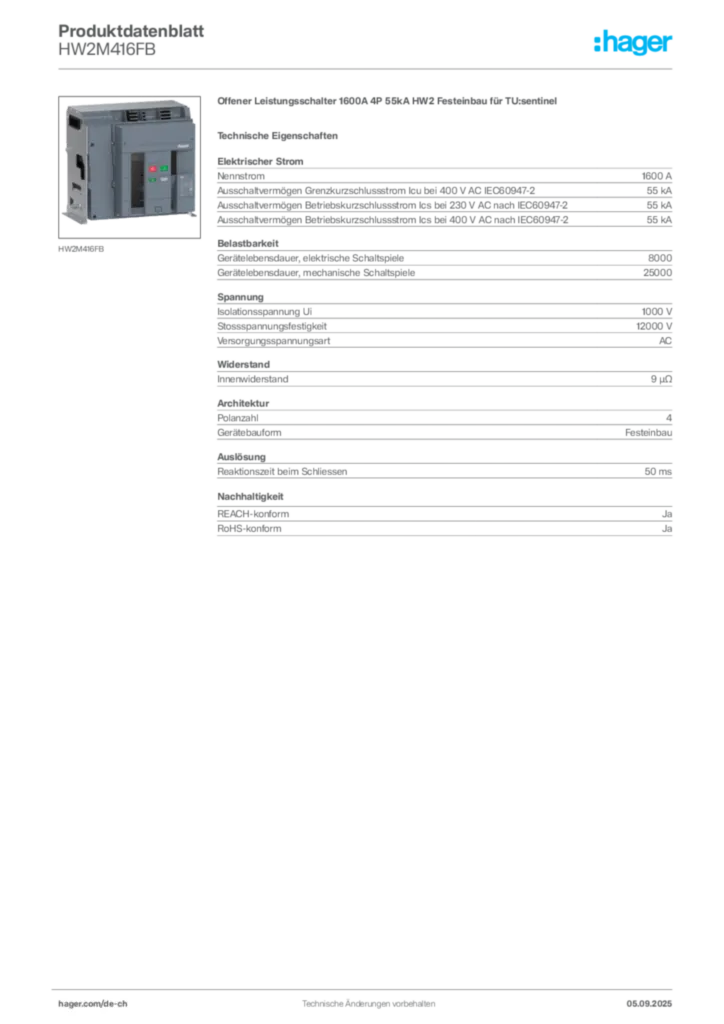 Bild Hager Produktdatenblatt HW2M416FB | Hager Schweiz