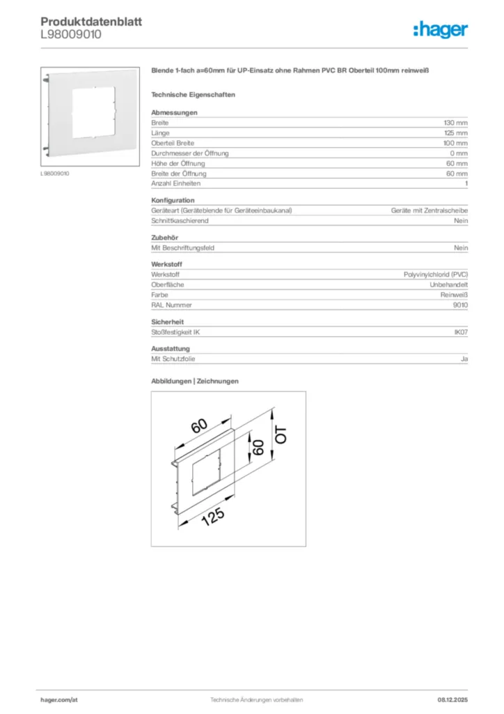 Bild Hager Produktdatenblatt L98009010 | Hager Deutschland