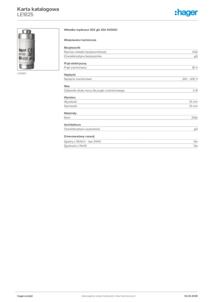 Zdjęcie Hager Karta katalogowa LE1825 | Hager Polska