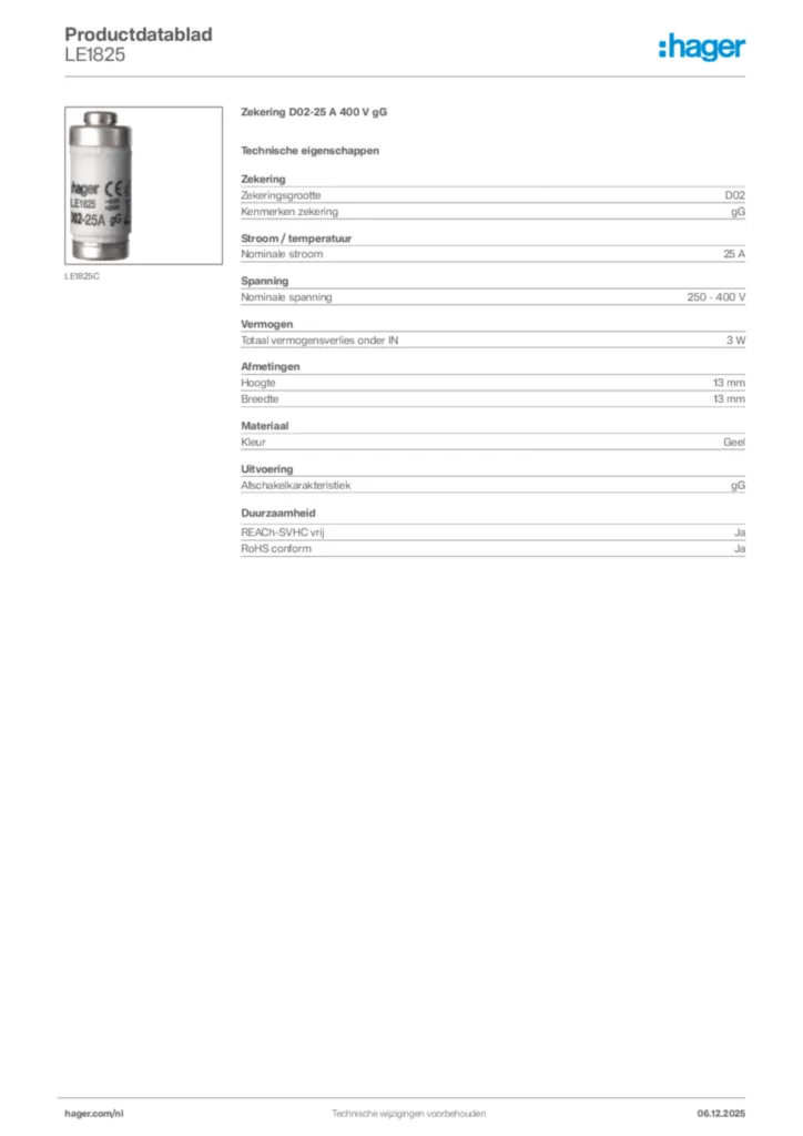 Afbeelding Hager Productdatablad LE1825 | Hager Nederland