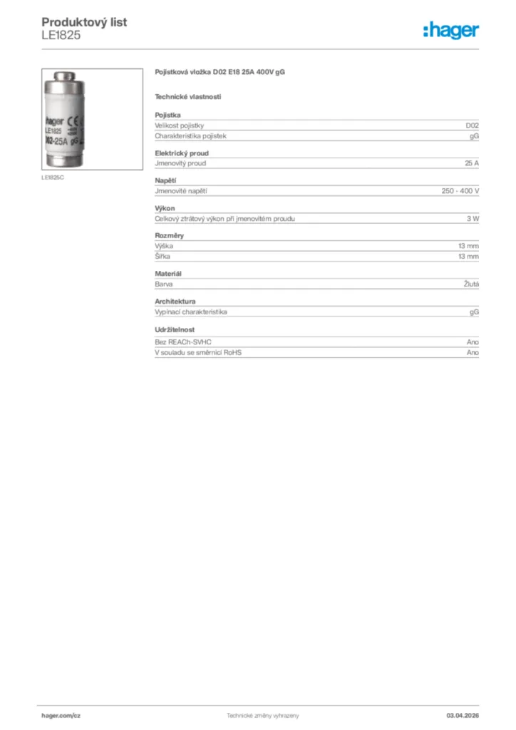 Obrázek Hager Product data sheet LE1825 | Hager