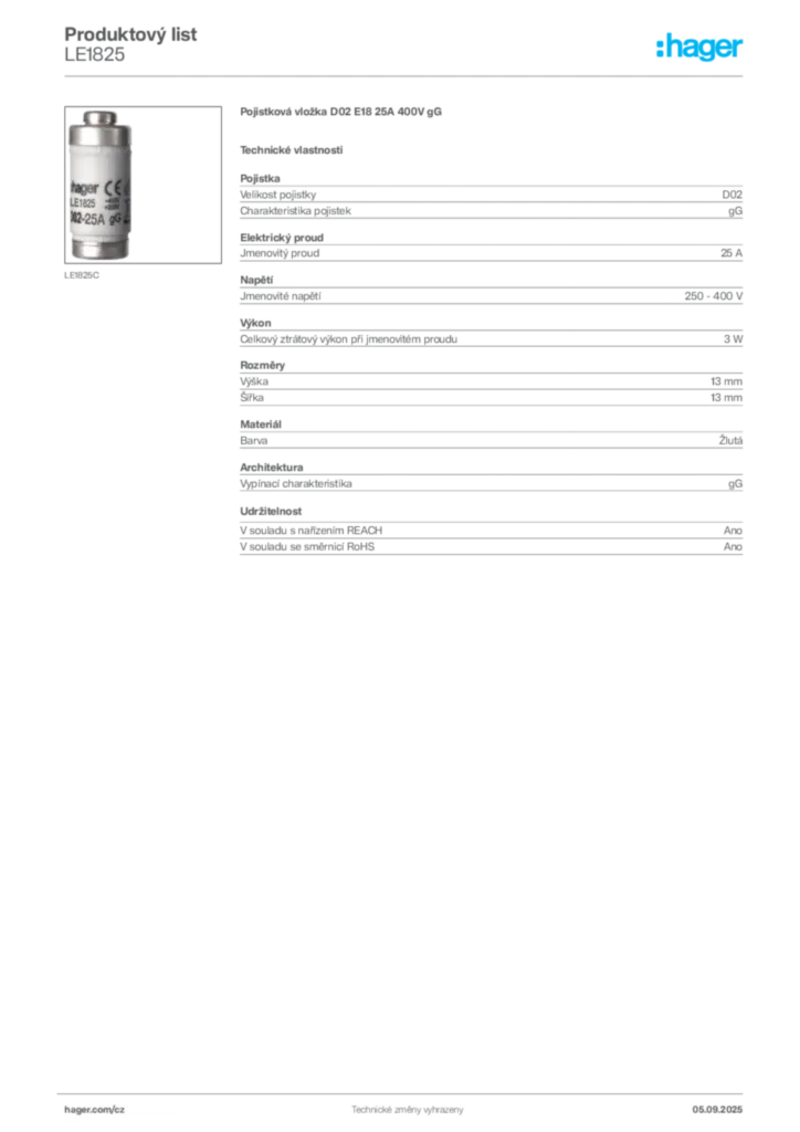 Obrázek Hager Produktový list LE1825 | Hager