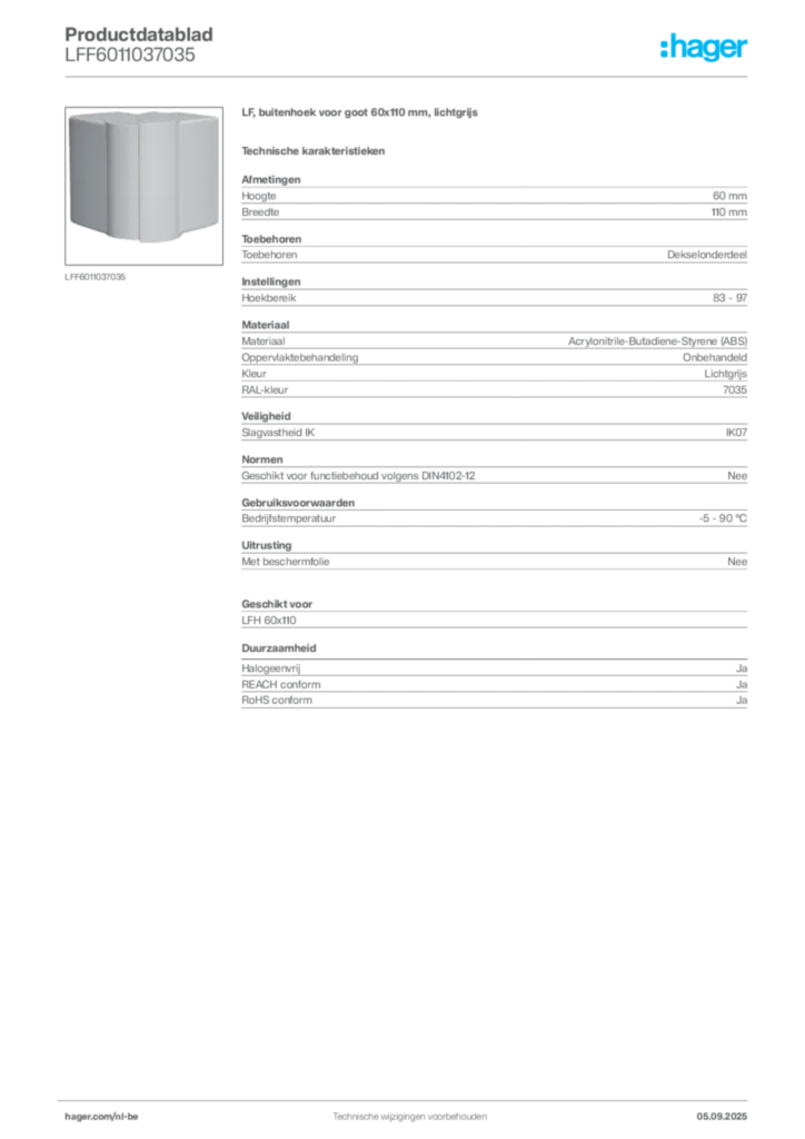 Afbeelding Hager Productdatablad LFF6011037035 | Hager Belgium