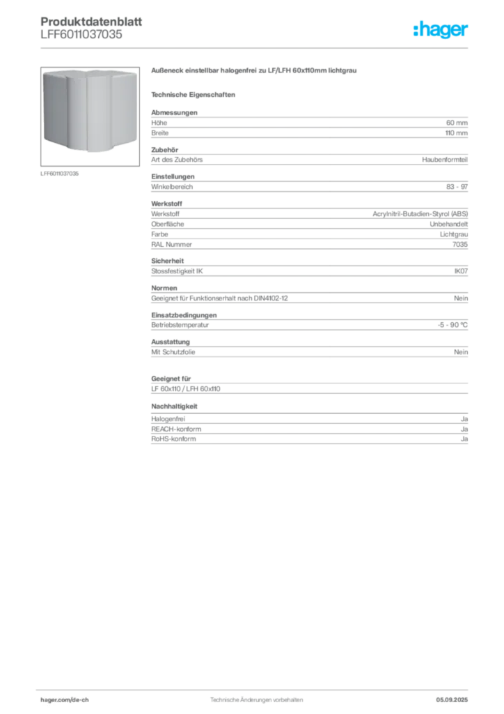 Bild Hager Produktdatenblatt LFF6011037035 | Hager Schweiz