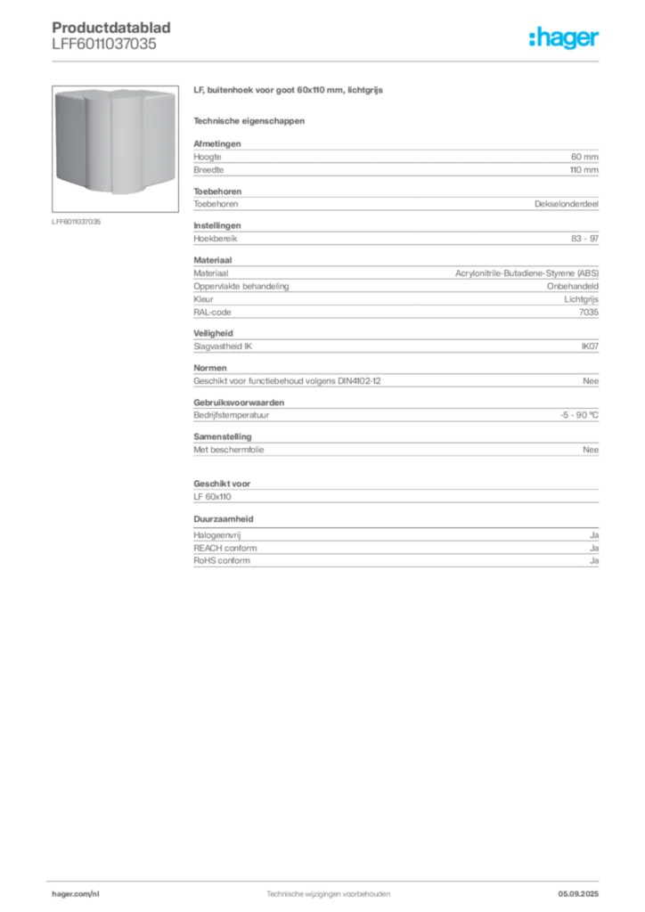 Afbeelding Hager Productdatablad LFF6011037035 | Hager Nederland