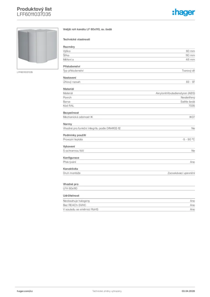 Obrázek Hager Product data sheet LFF6011037035 | Hager