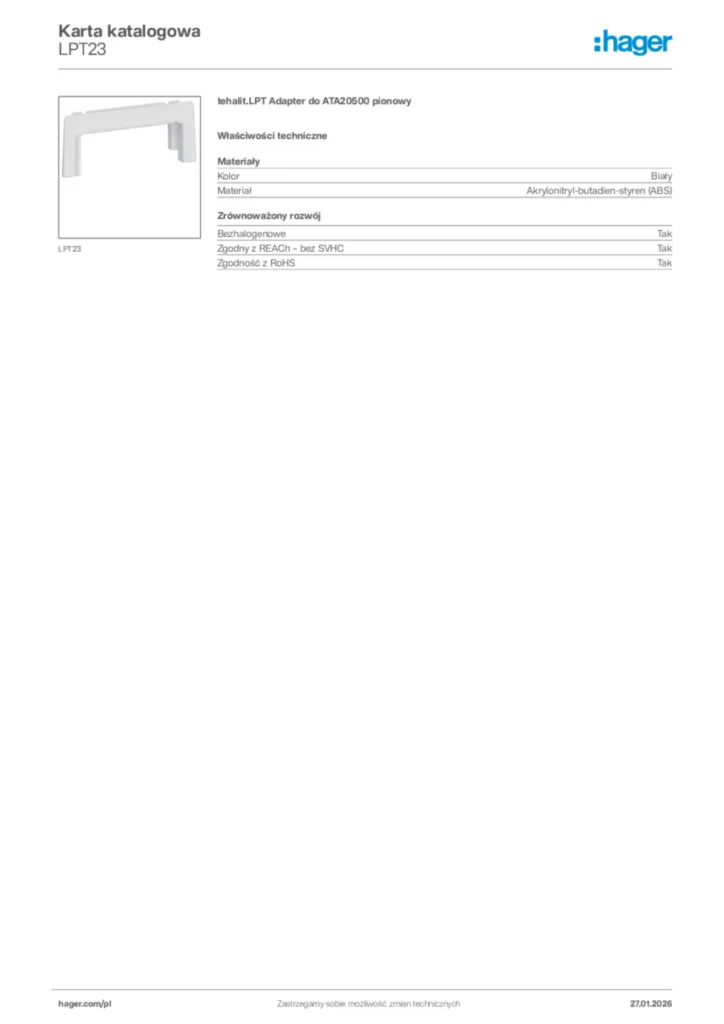 Zdjęcie Hager Karta katalogowa LPT23 | Hager Polska