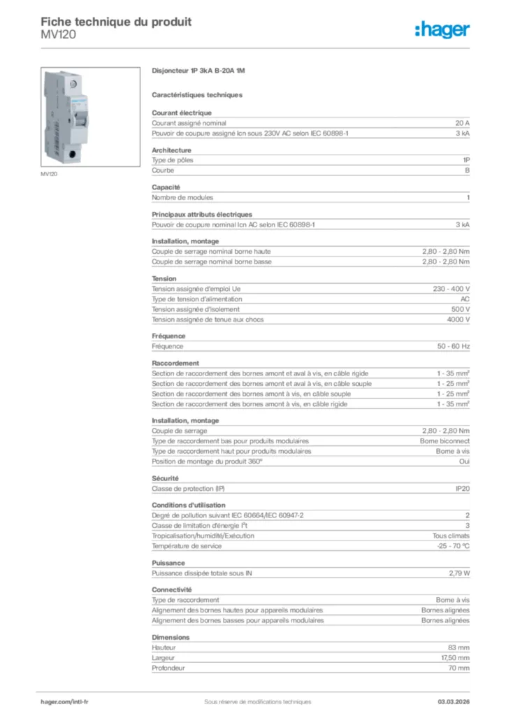 Image Hager Fiche technique du produit MV120 | Hager Afrique