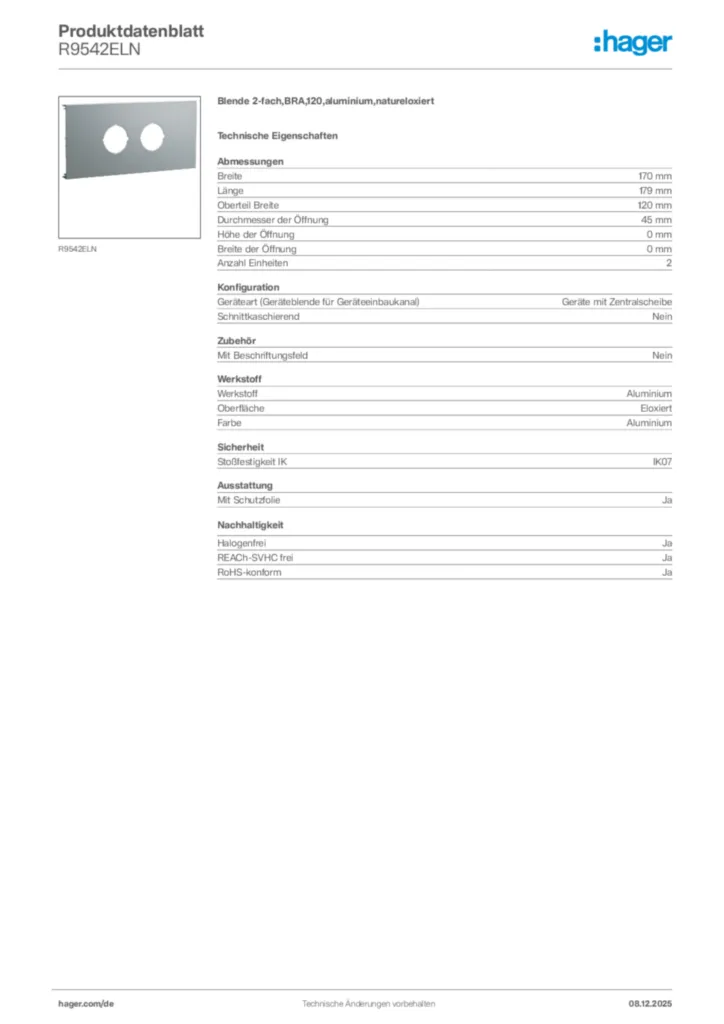Bild Hager Produktdatenblatt R9542ELN | Hager Deutschland