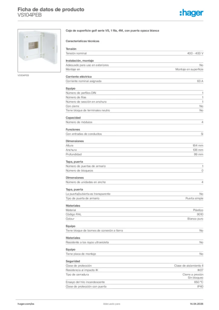 Imagen Hager Ficha de datos de producto VS104PEB | Hager España