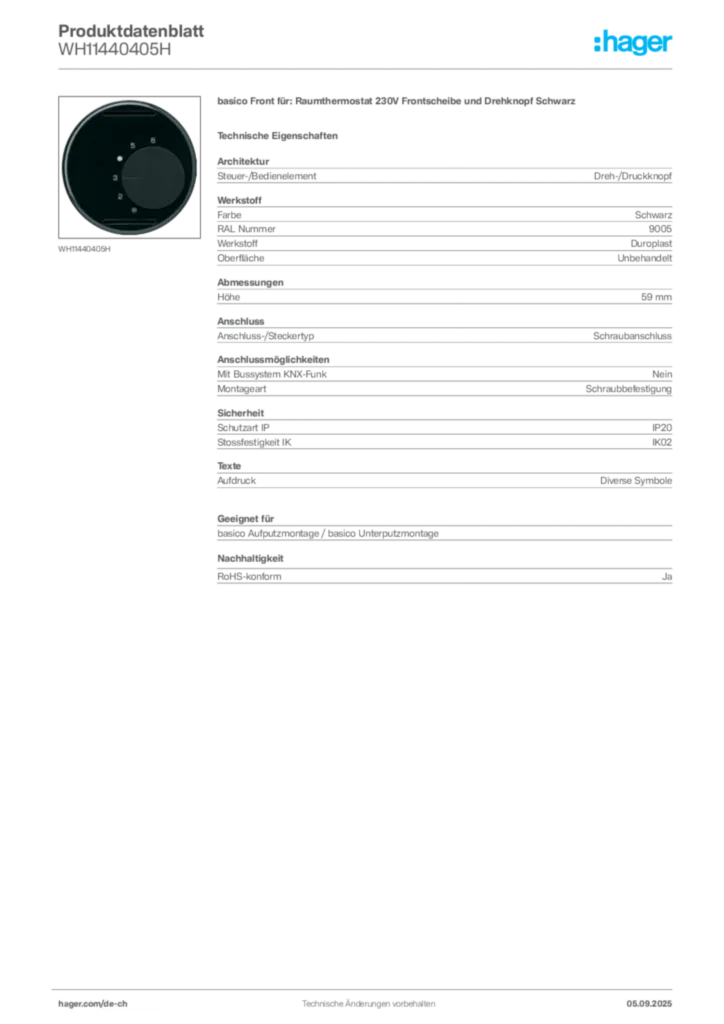 Bild Hager Produktdatenblatt WH11440405H | Hager Schweiz