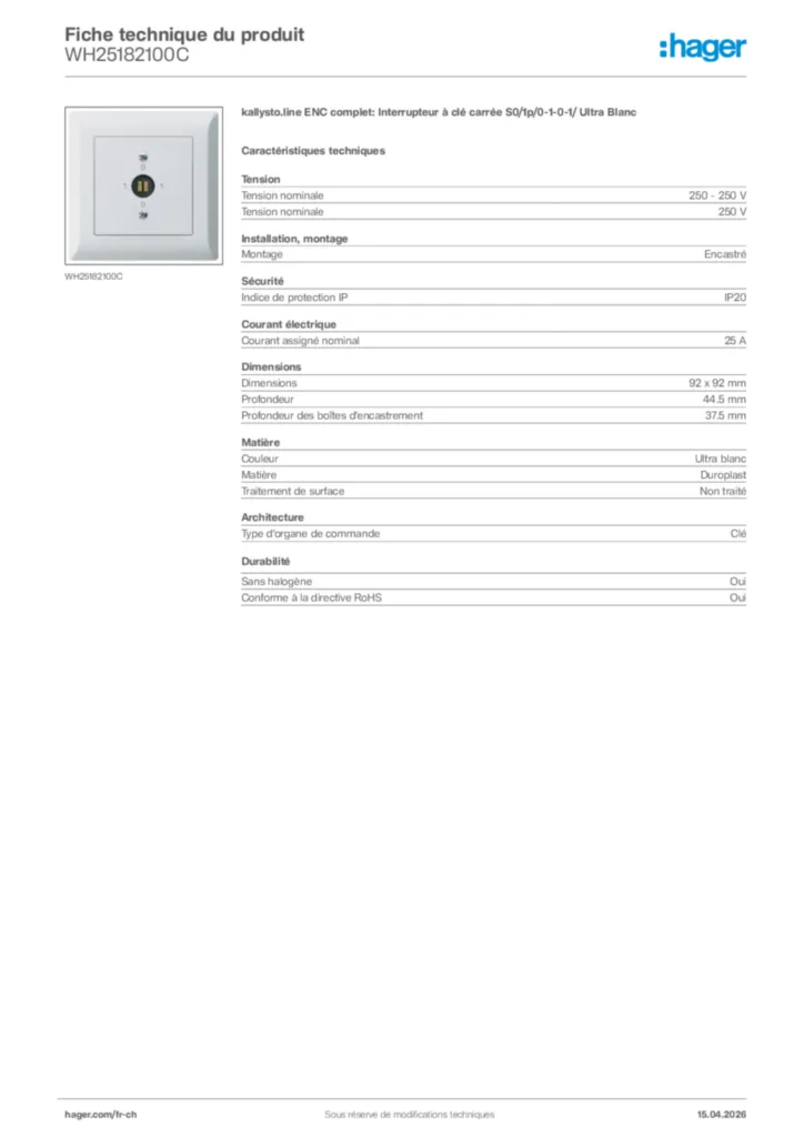 Image Hager Fiche technique du produit WH25182100C | Hager Suisse