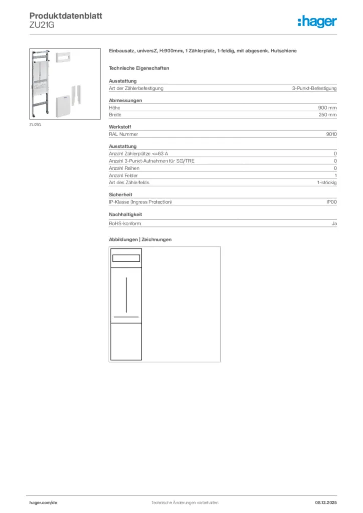 Hager Produktdatenblatt ZU21G