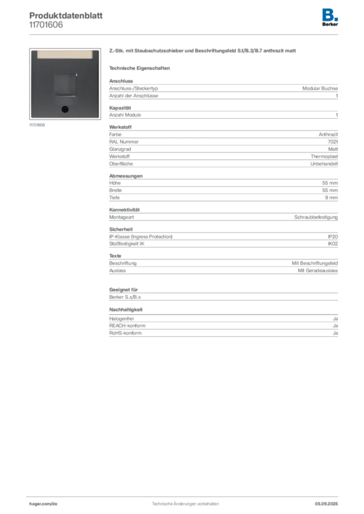 Bild Berker Produktdatenblatt 11701606 | Hager Deutschland