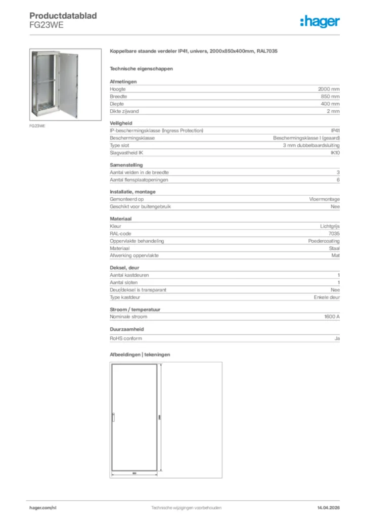 Afbeelding Hager Productdatablad FG23WE | Hager Nederland