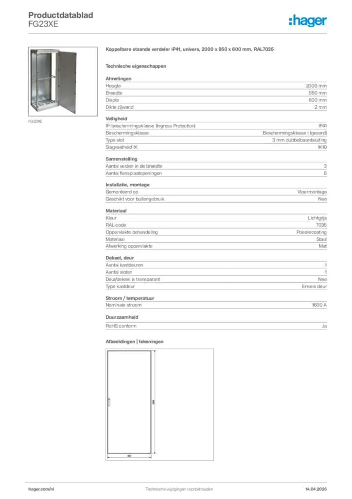 Afbeelding Hager Productdatablad FG23XE | Hager Nederland