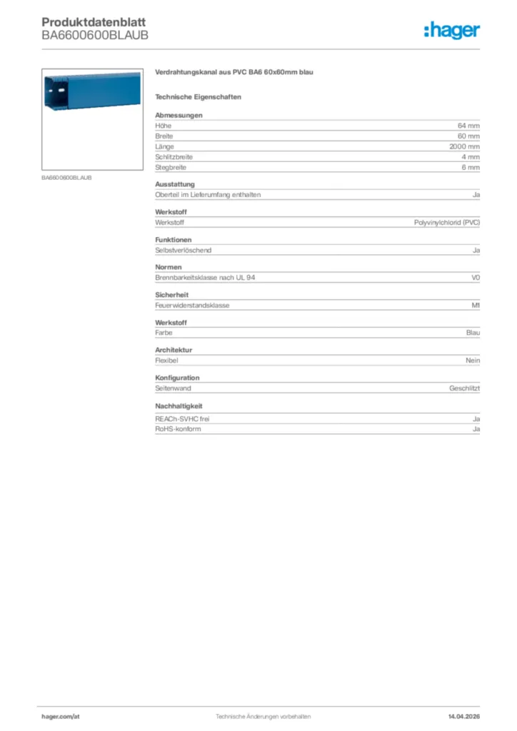 Bild Hager Produktdatenblatt BA6600600BLAUB | Hager Deutschland