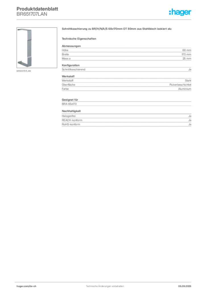 Bild Hager Produktdatenblatt BR651707LAN | Hager Schweiz