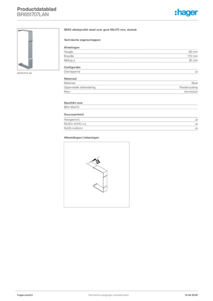Afbeelding Hager Productdatablad BR651707LAN | Hager Nederland