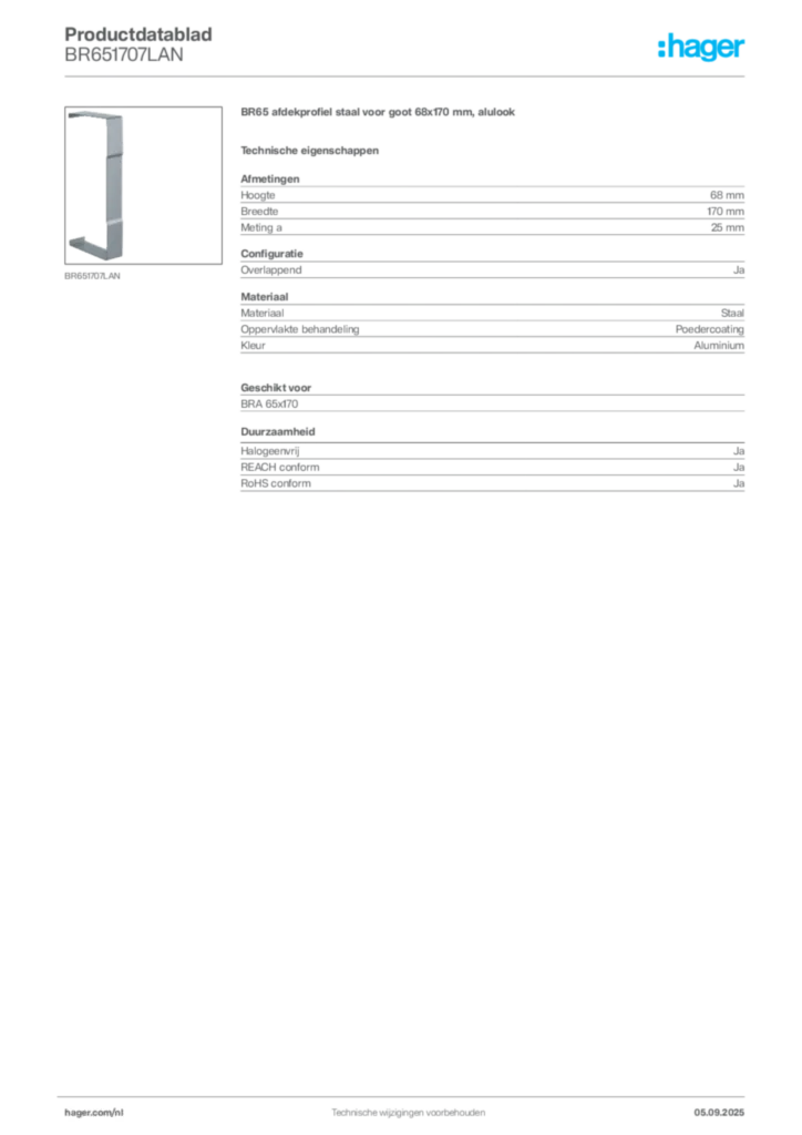 Afbeelding Hager Productdatablad BR651707LAN | Hager Nederland