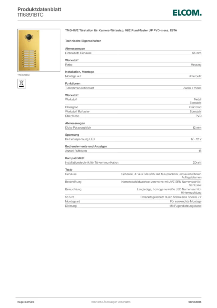 Bild Elcom Produktdatenblatt 1116891BTC | Hager Deutschland