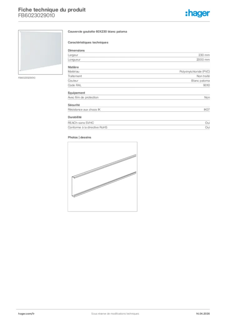 Image Hager Fiche technique du produit FB6023029010 | Hager France