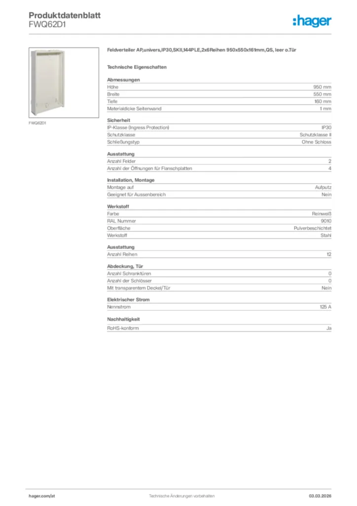 Bild Hager Produktdatenblatt FWQ62D1 | Hager Deutschland