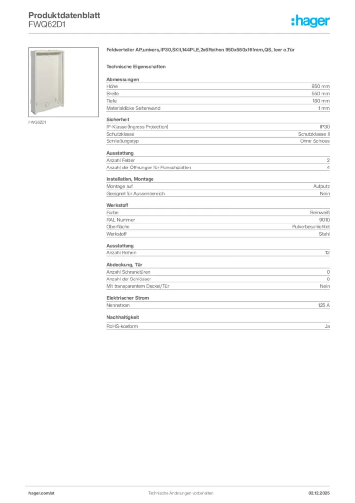 Bild Hager Produktdatenblatt FWQ62D1 | Hager Deutschland