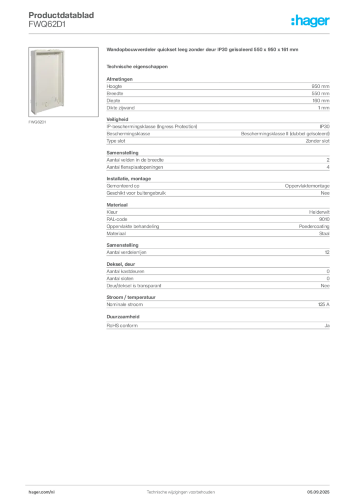 Afbeelding Hager Productdatablad FWQ62D1 | Hager Nederland