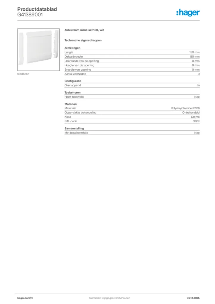 Afbeelding Hager Productdatablad G41389001 | Hager Nederland