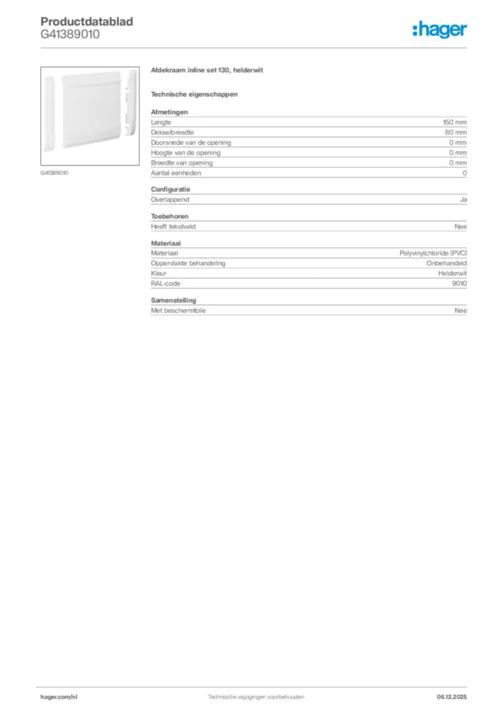 Afbeelding Hager Productdatablad G41389010 | Hager Nederland