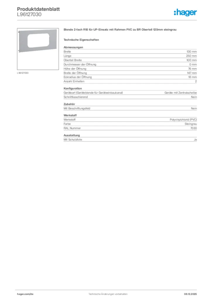 Bild Hager Produktdatenblatt L96127030 | Hager Deutschland