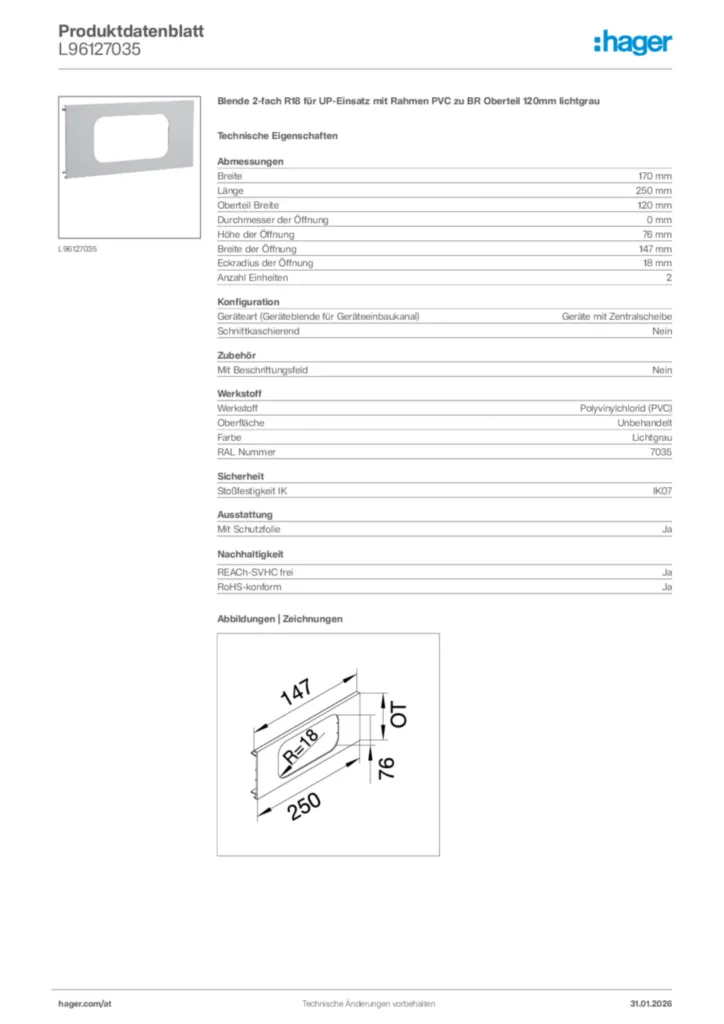 Bild Hager Produktdatenblatt L96127035 | Hager Deutschland