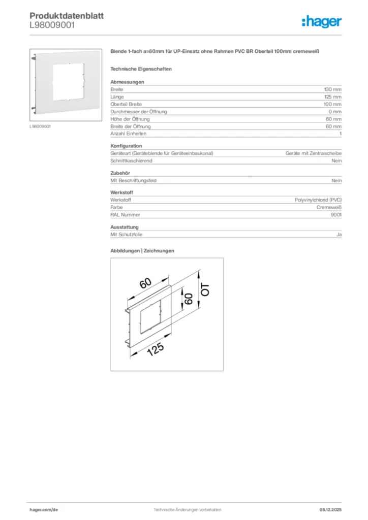 Bild Hager Produktdatenblatt L98009001 | Hager Deutschland