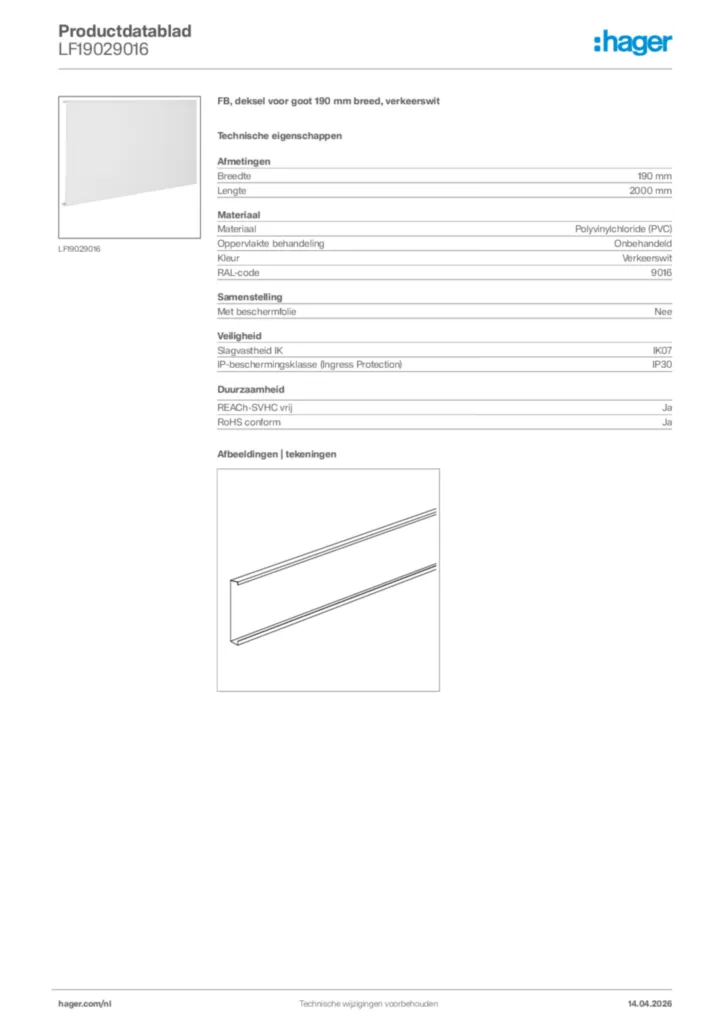 Afbeelding Hager Productdatablad LF19029016 | Hager Nederland