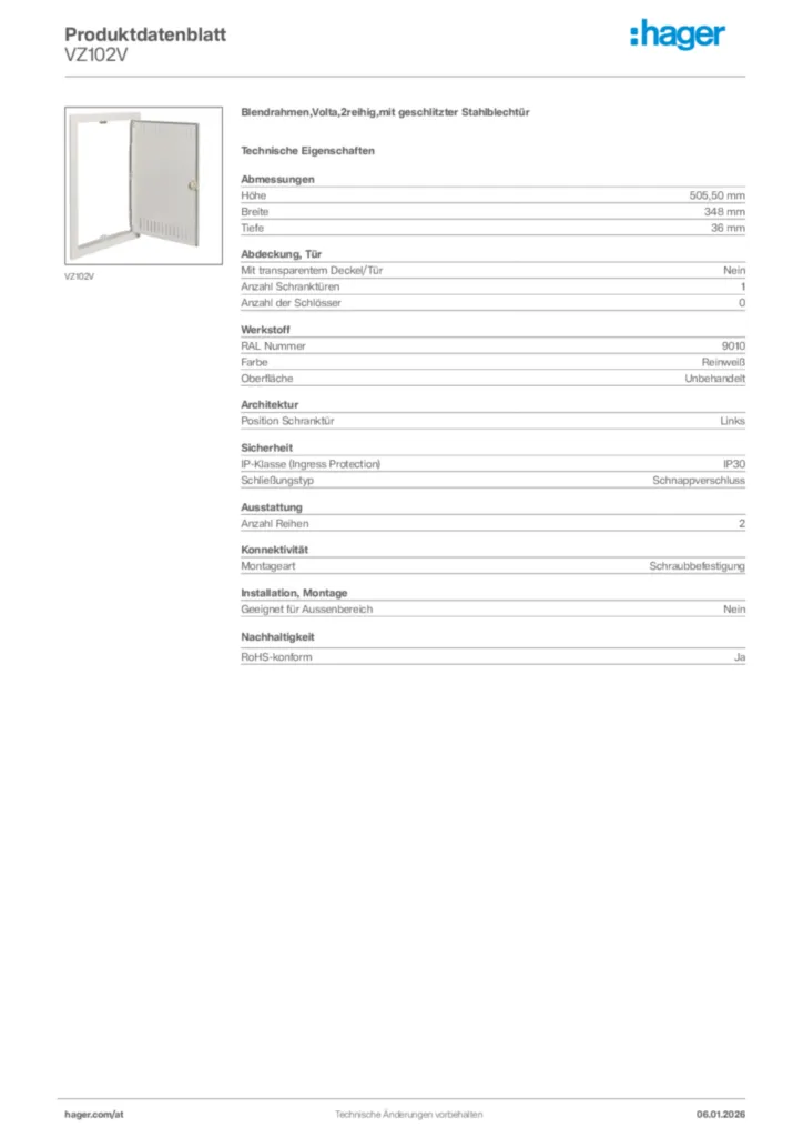 Bild Hager Produktdatenblatt VZ102V | Hager Deutschland
