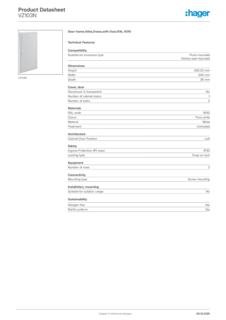 Image Hager Product data sheet VZ103N  | Hager Africa