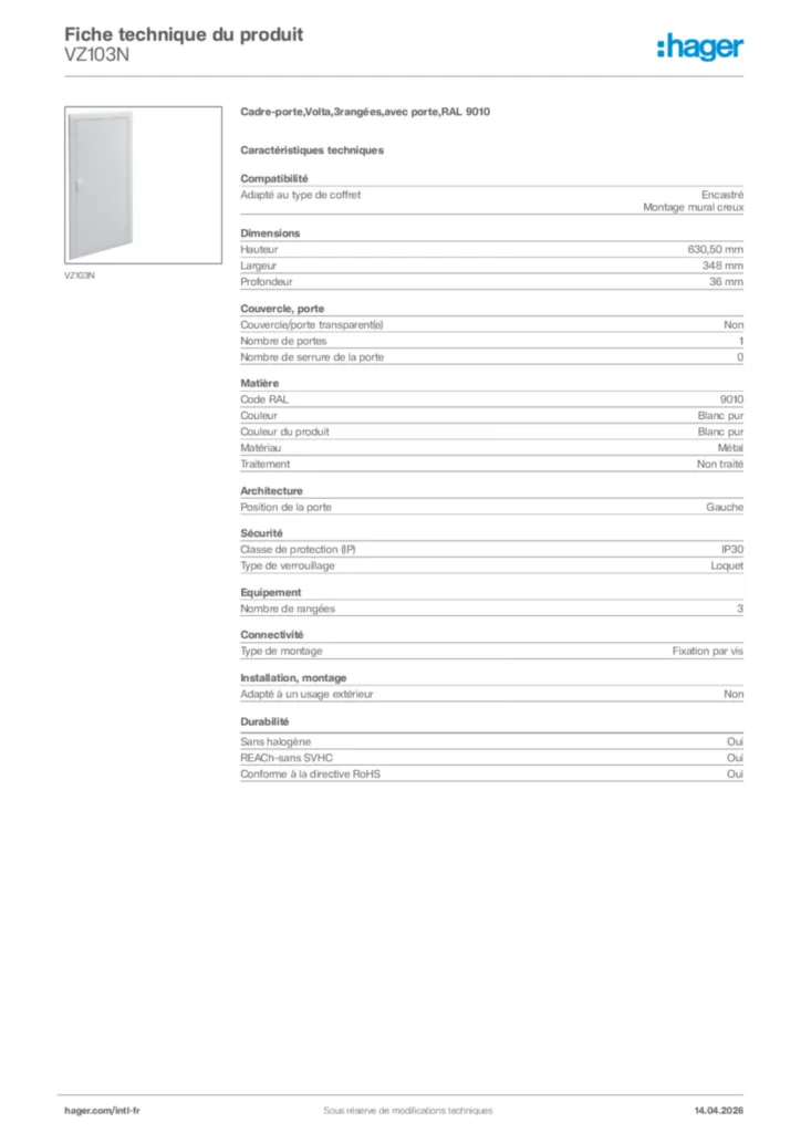 Image Hager Fiche technique du produit VZ103N | Hager Afrique