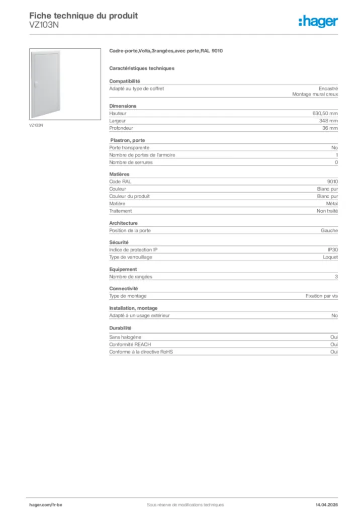Image Hager Fiche technique du produit VZ103N | Hager Belgique