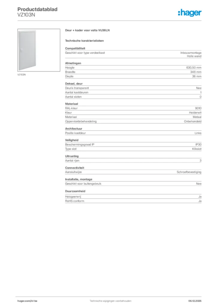Afbeelding Hager Productdatablad VZ103N | Hager Belgium
