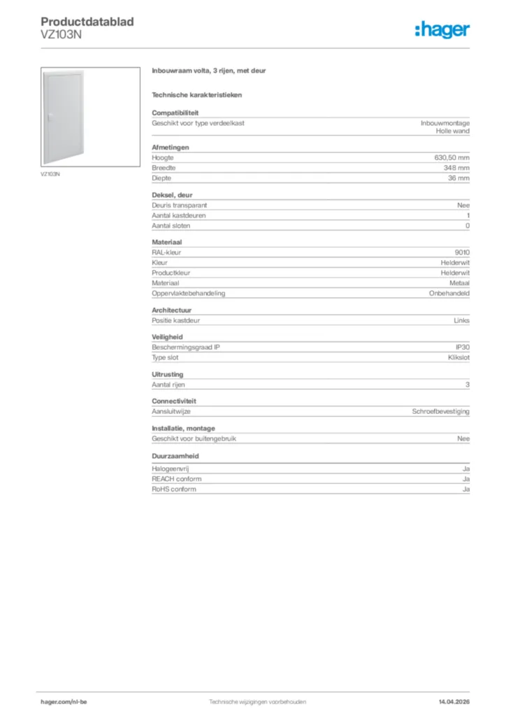 Afbeelding Hager Productdatablad VZ103N | Hager Belgium