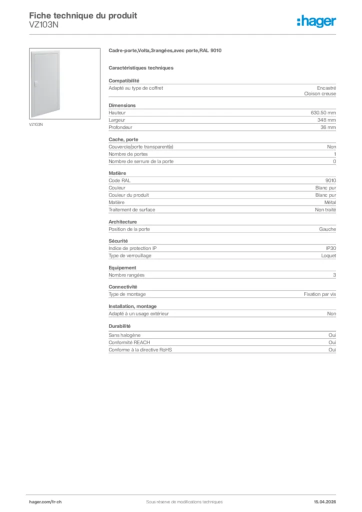 Image Hager Fiche technique du produit VZ103N | Hager Suisse