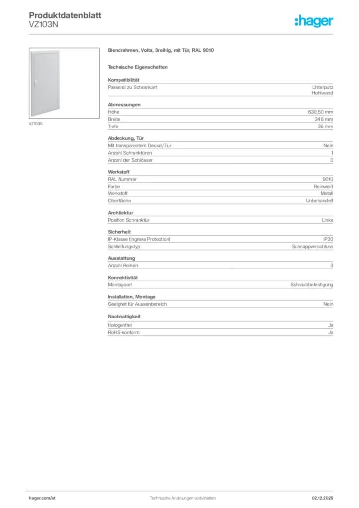 Bild Hager Produktdatenblatt VZ103N | Hager Deutschland