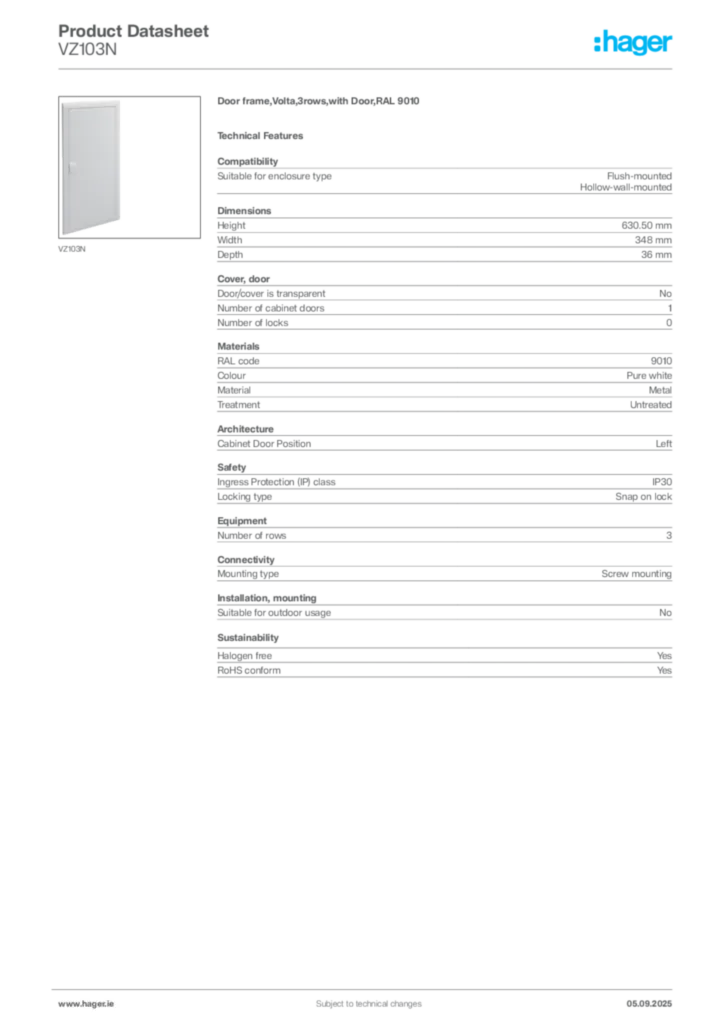 Image Hager Product data sheet VZ103N  | Hager