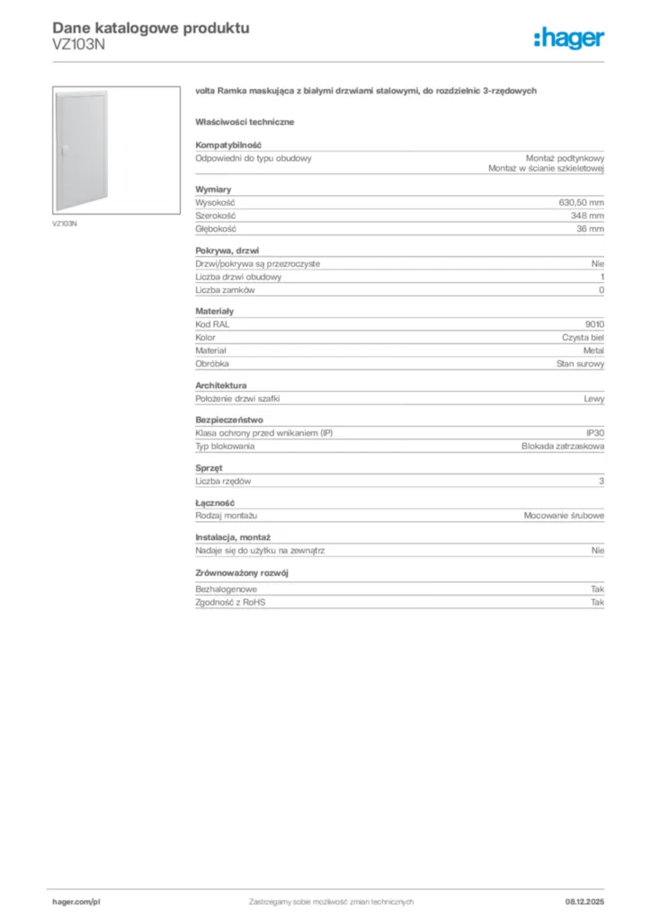Zdjęcie Hager Karta katalogowa VZ103N | Hager Polska